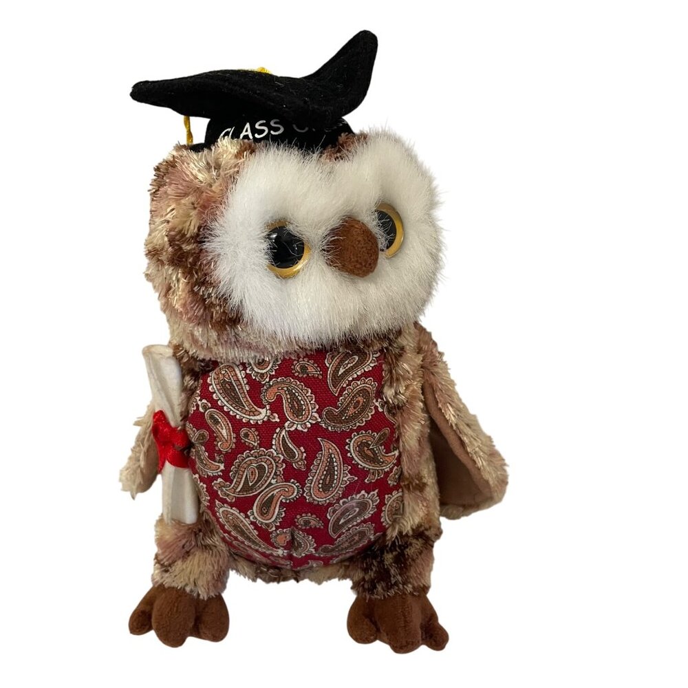Ty‎ Beanie Babies Wise Graduation Owl Brown Plush Paisley Vest With Cap & Scroll